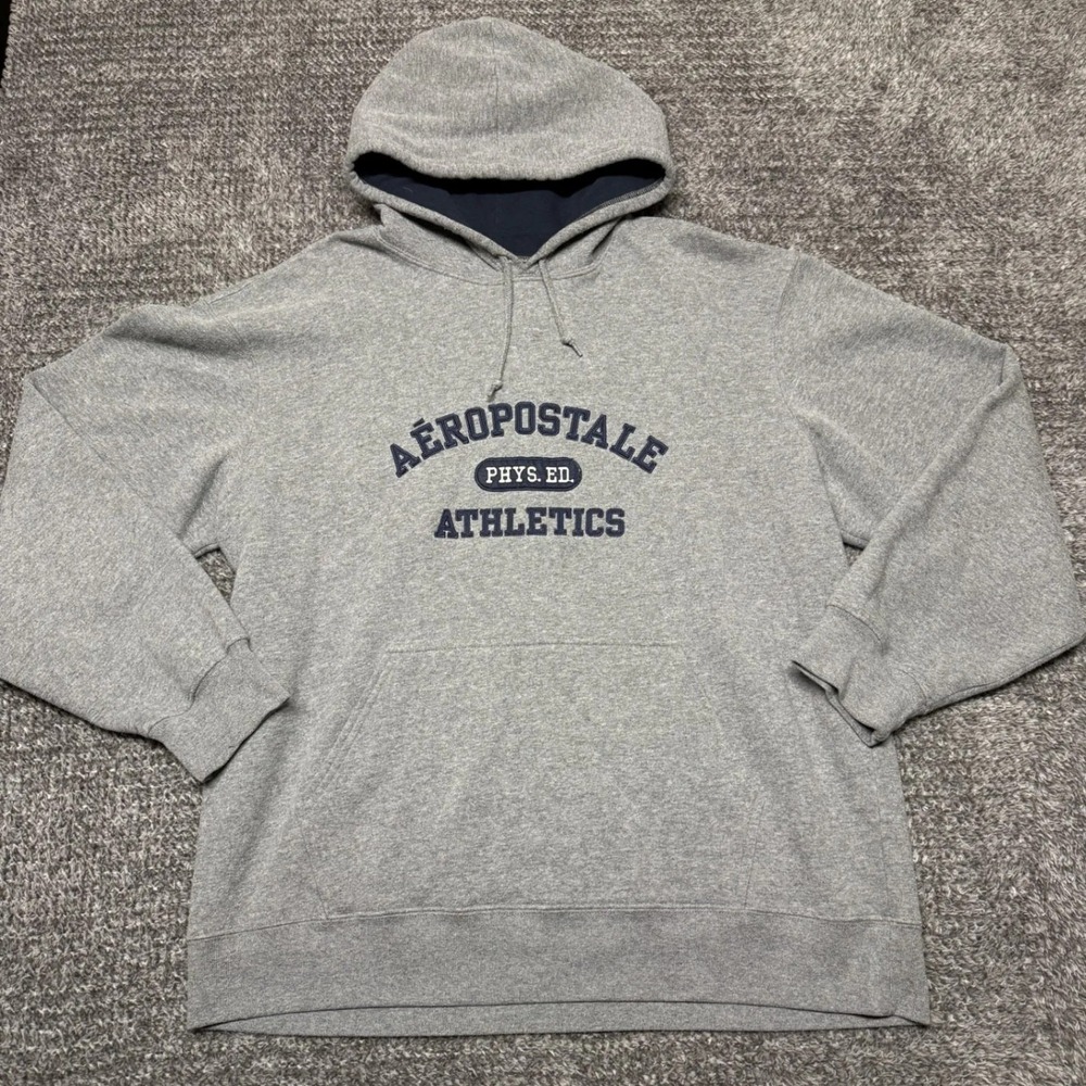 Aeropostale Mens Pullover Hoodie Sweatshirt L Gray Athletics Graphic Logo Fleece